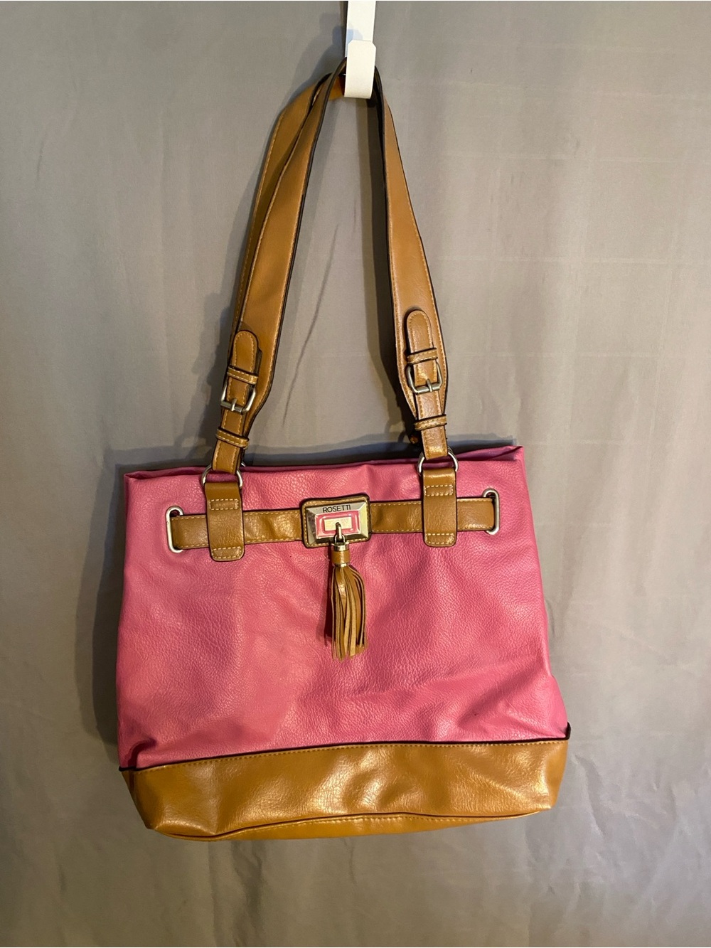 Rosetti Pink and Tan Shoulder Tote with Tassel Accent